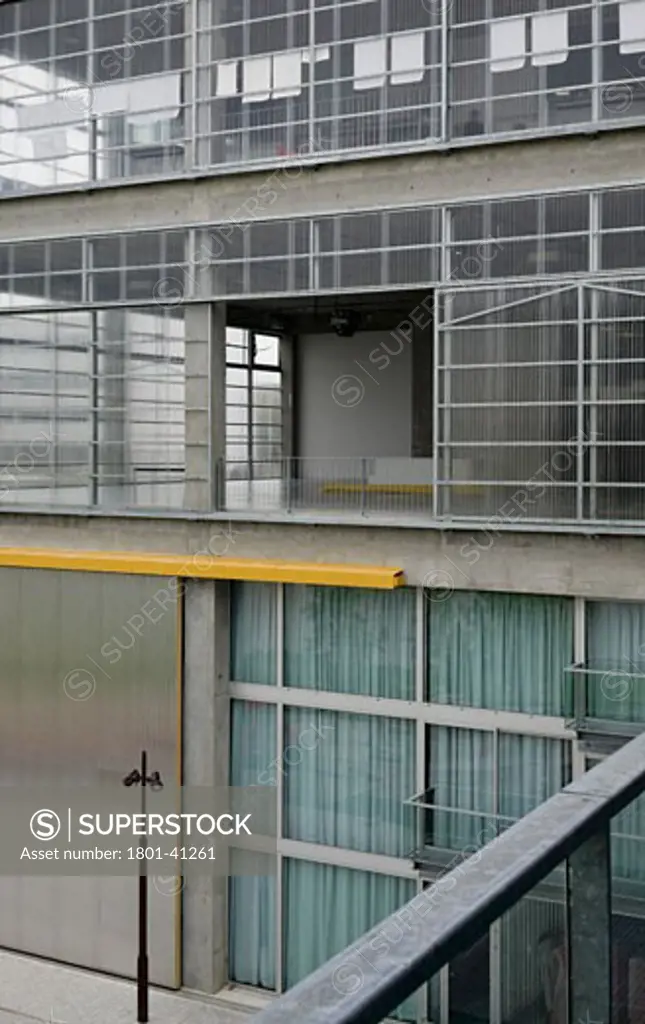 Nantes School of Architcture, Nantes, France, Lacaton and Vassal, Nantes school of architecture detail of north elevation with loading bay and polycarbonate panels from passerelle.