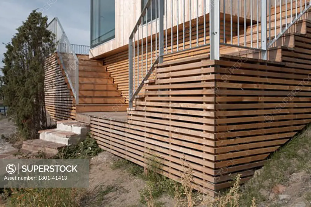 Arko Summerhouse, Arko, Sweden, Marge Arkitekter Ab, Arko summerhouse close-up of steps and wooden structure.