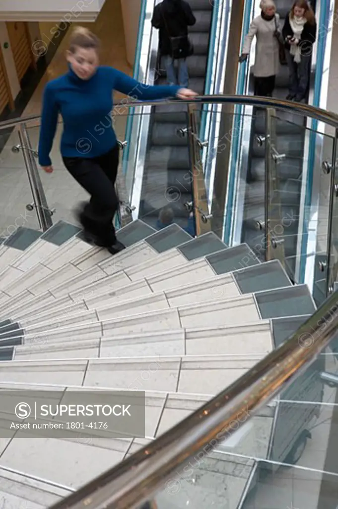 TRIANGLE SHOPPING CENTRE, DEANSGATE, MANCHESTER, UNITED KINGDOM, VIEW ACROSS STAIRCASE, BENOY