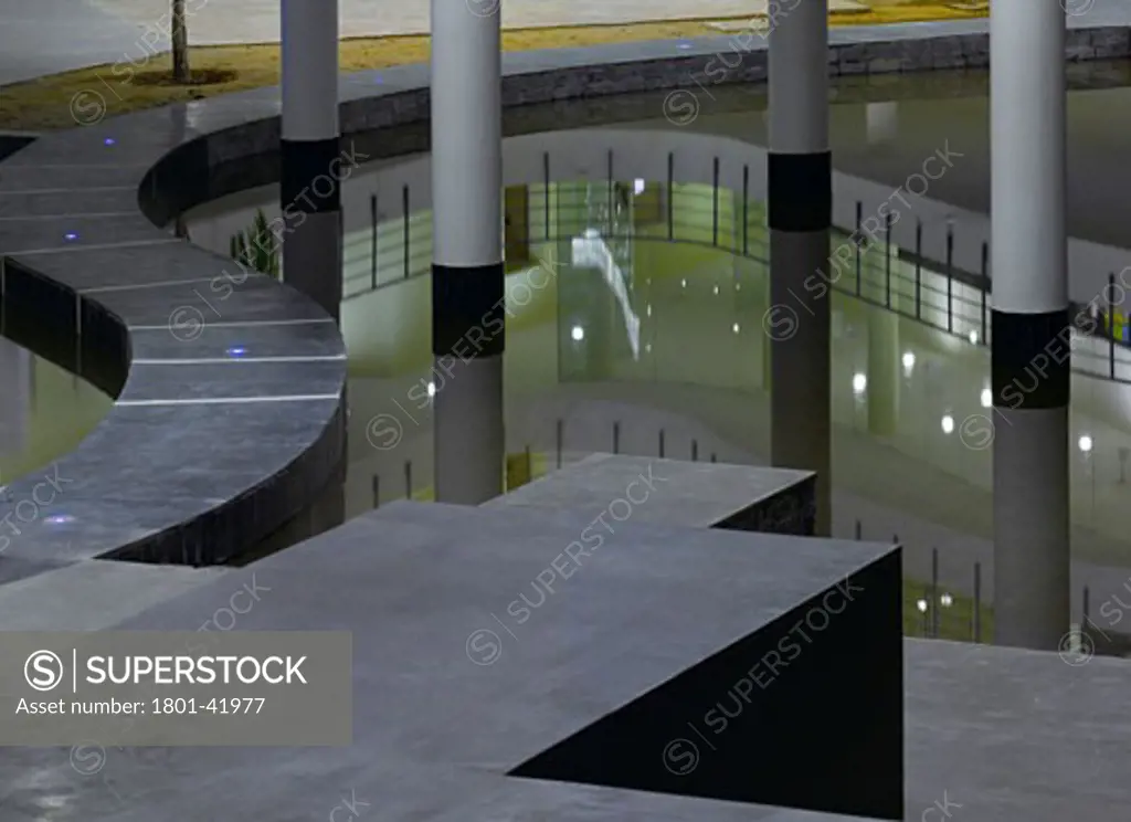 Pearl Academy of Fashion, Jaipur, India, Morphogenesis, Nighttime view showing stairs and pool.