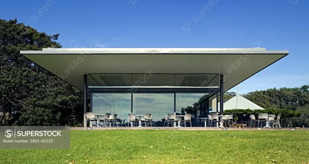 Centennial Parklands Restaurant, Sydney, Australia, McConnell Smith and Johnson, Centennial park restaurant. Striking cantilevered roof covers outdoor seating deck..