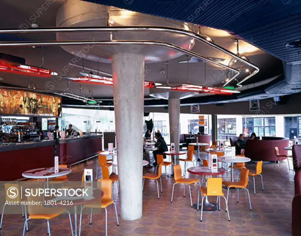 THE NATIONAL CENTRE FOR POPULAR MUSIC, SHEFFIELD, SOUTH YORKSHIRE, UNITED KINGDOM, NATIONAL CENTRE FOR POPULAR MUSIC: BRANSON COATES ARCHITECTURE LTD. APRIL 1999 INTERIOR, GROUND FLOOR BAR, BRANSON COATES ARCHITECTS