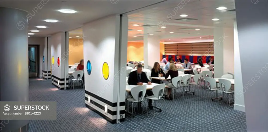 ARTHER ANDERSON CONSULTING, SURREY STREET, LONDON, WC2 STRAND, UNITED KINGDOM, PANORAMIC VIEW OF RESTAURANT AND CORRIDOR, BDG WORKFUTURES