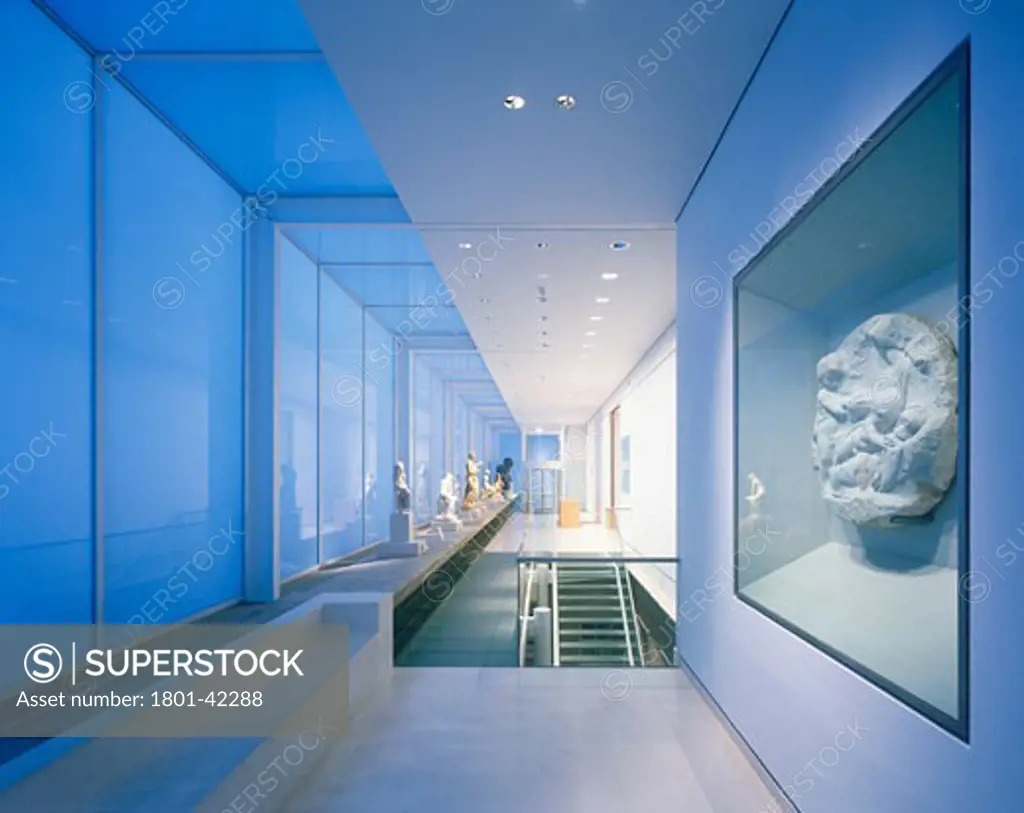Sackler Galleries Royal Academy of Arts, London, United Kingdom, Foster and Partners, Sackler galleries royal academy of arts glass walkway with sculptures and tondo relief.