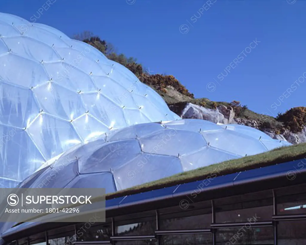 Eden Project, St Austell, United Kingdom, Grimshaw, Eden project landscape exterior humid tropics biome roof and grass roof of restaurant/educational resource centre.