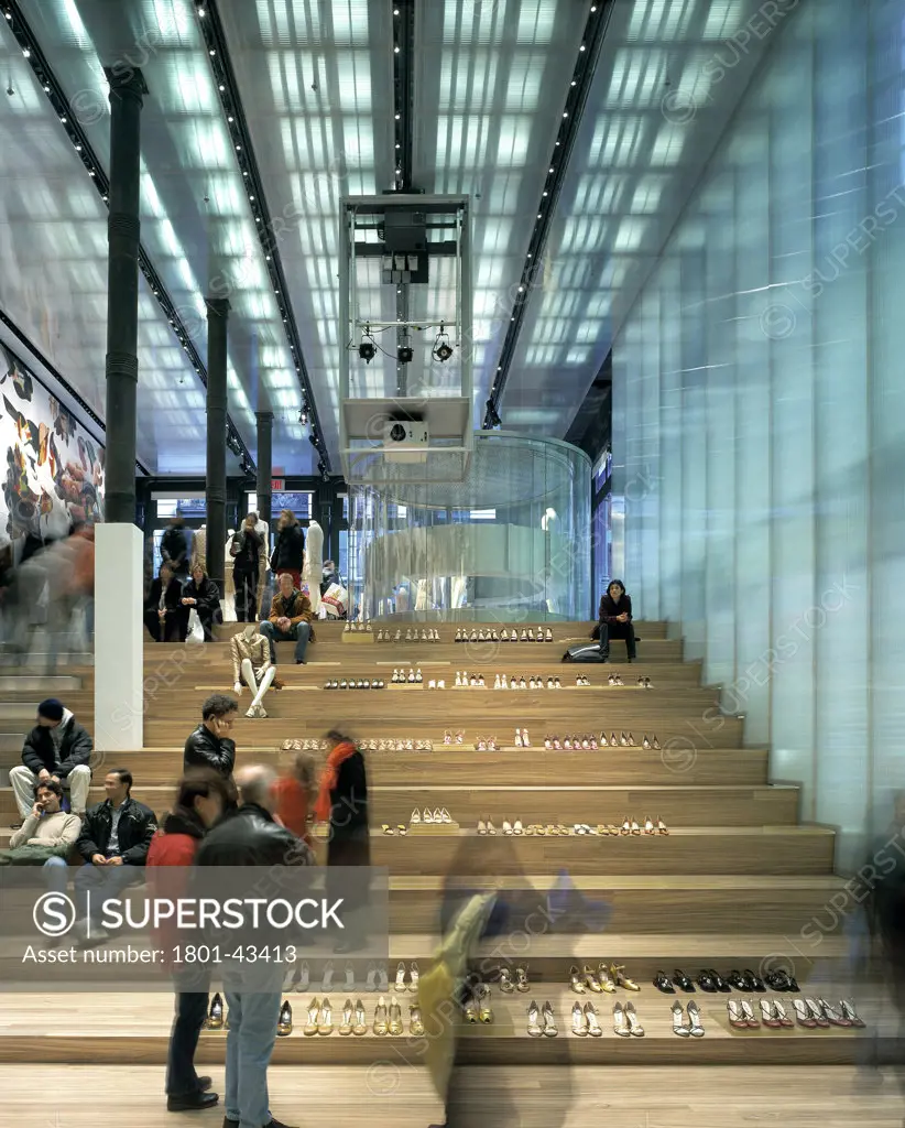 Prada Fashion Store, New York, United States, Rem Koolhaas - Office for Metropolitan Architecture, Prada fashion store portrait view of dipslay stairs.