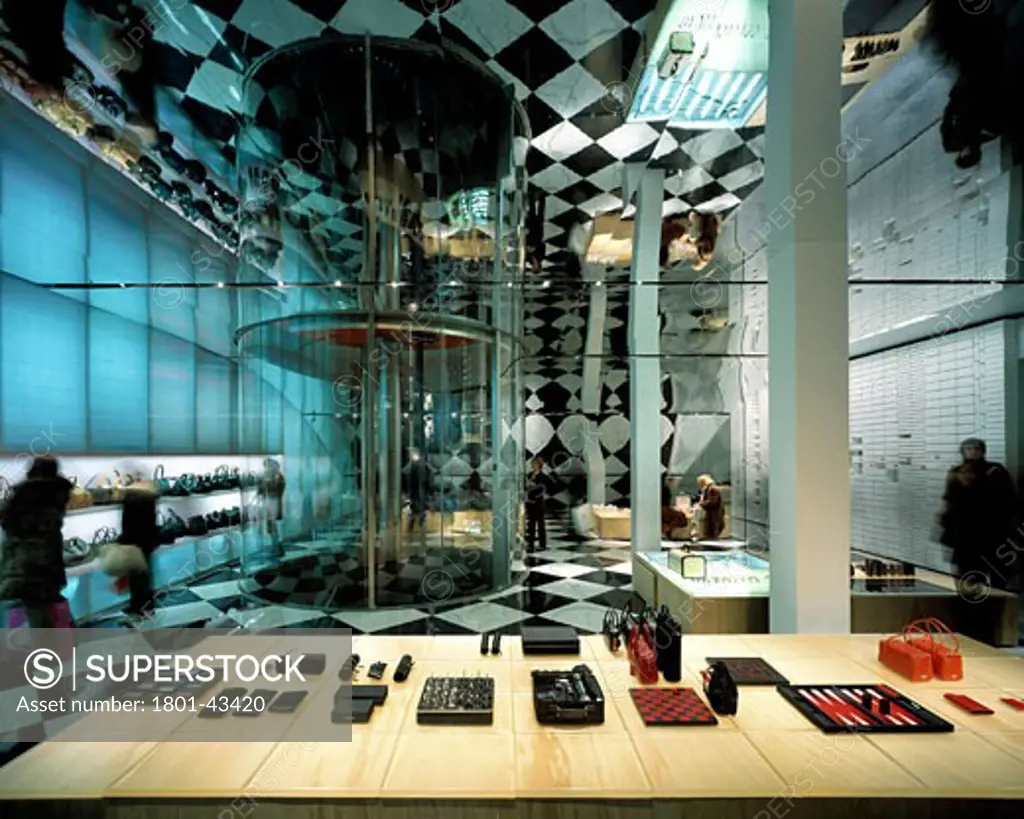 Prada Fashion Store, New York, United States, Rem Koolhaas - Office for Metropolitan Architecture, Prada fashion store landscape view of lower ground with mirrored ceiling.