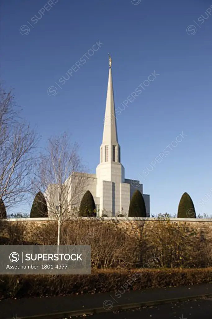 THE MORMON TEMPLE, TEMPLE WAY, HARTWOOD GREEN, CHORLEY, LANCASHIRE, UNITED KINGDOM, VIEW FROM WALKWAY BELOW CHURCH, BUILDING DESIGN PARTNERSHIP