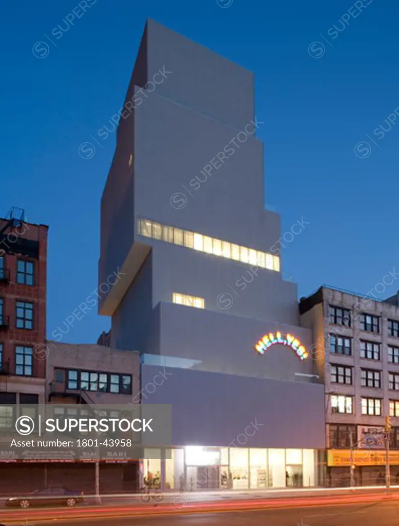 Museum of Contemporary Art, New York, United States, Sanaa Kazuyo Sejima + Ryue Nishizawa, Museum of contemporary art twilight of the west elevation.