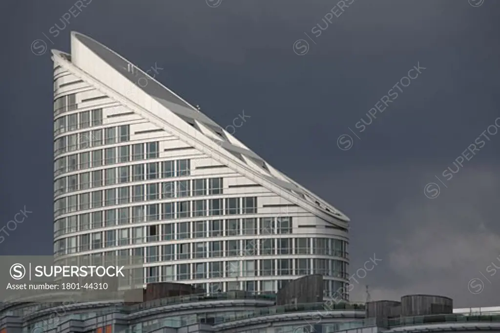 New Providence Wharf, London, United Kingdom, Som, New providence wharf ontario tower seen against stormy sky.