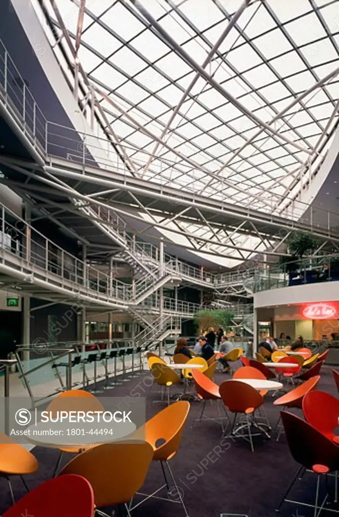 Pfizer UK Headquarters, Tadworth Walton Oaks, United Kingdom, Sheppard Robson, Pfizer UK headquarters atrium spiral staircase walkway restaurant.