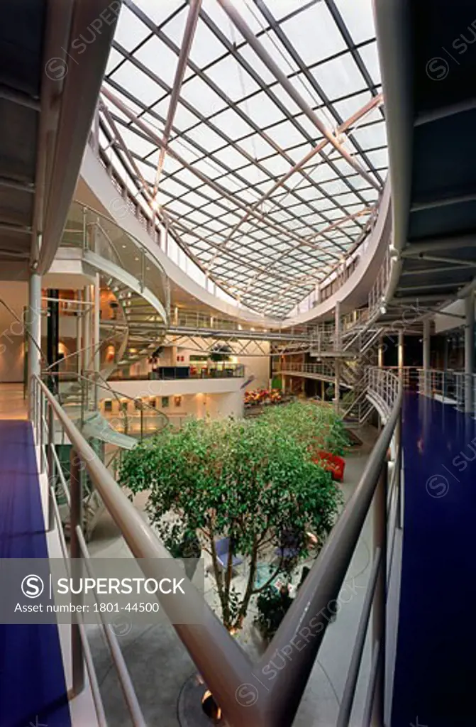Pfizer UK Headquarters, Tadworth Walton Oaks, United Kingdom, Sheppard Robson, Pfizer UK headquarters atrium spiral staircase walkway handrail.