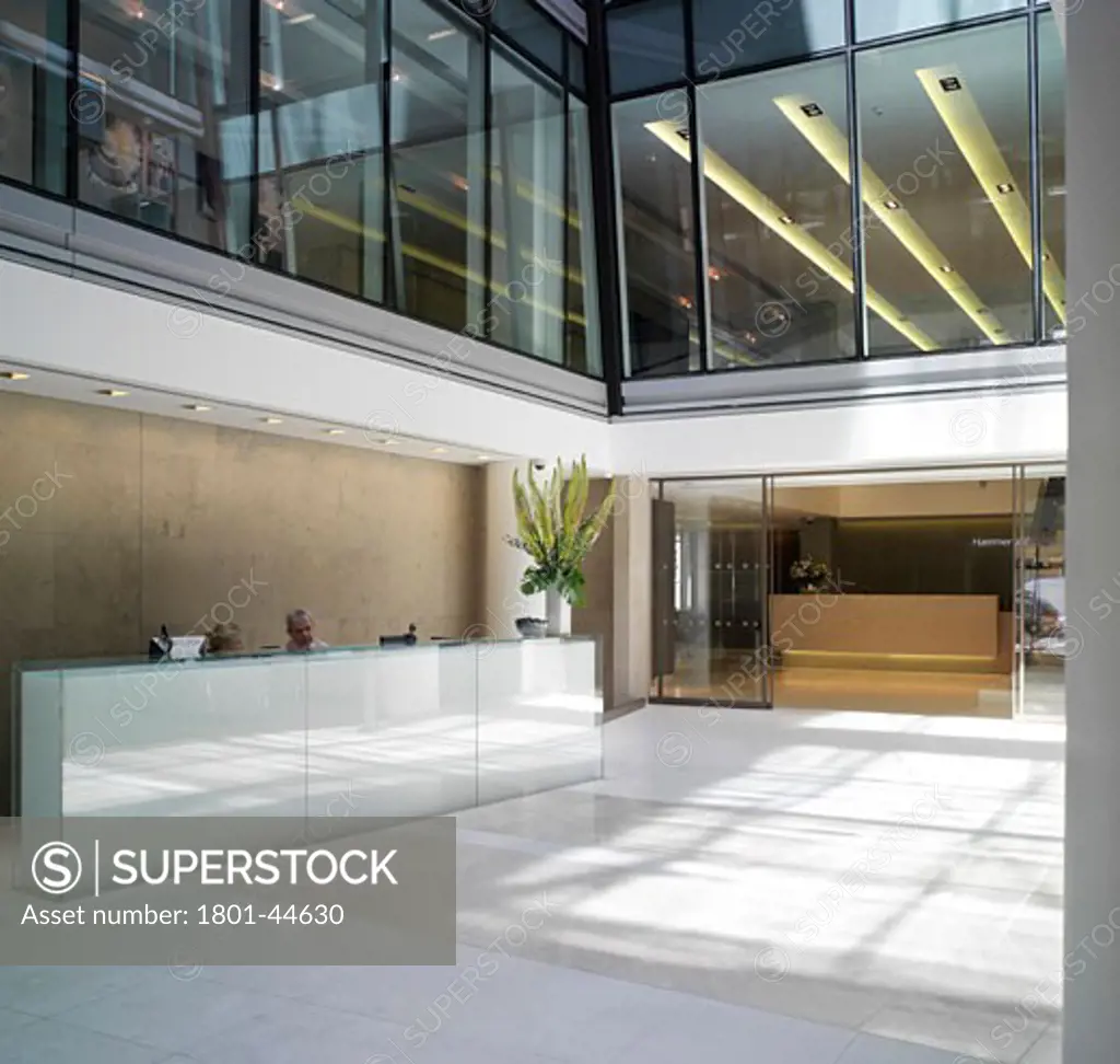 Hammerson, London, United Kingdom, Stiff and Trevillion Architects, Hammerson empty shot of reception sunshine on floor modern glass strip lights.