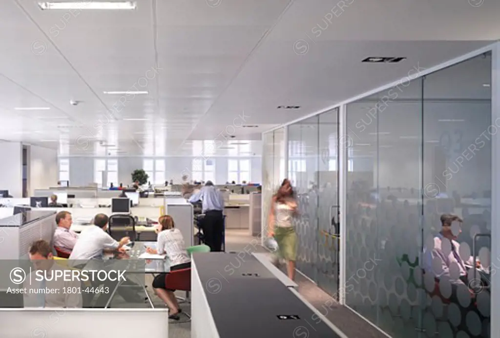 Hammerson, London, United Kingdom, Stiff and Trevillion Architects, Hammerson busy office people meeting room meeting workplace glass doors wide view.