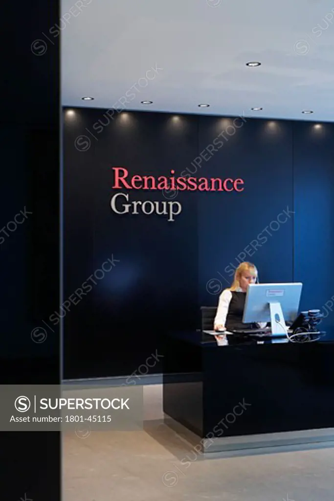 Rencap Offices (Renaissance Capital), Moscow, Russia, Swanke Hayden Connell, Rencap offices moscow reception desk with signage.