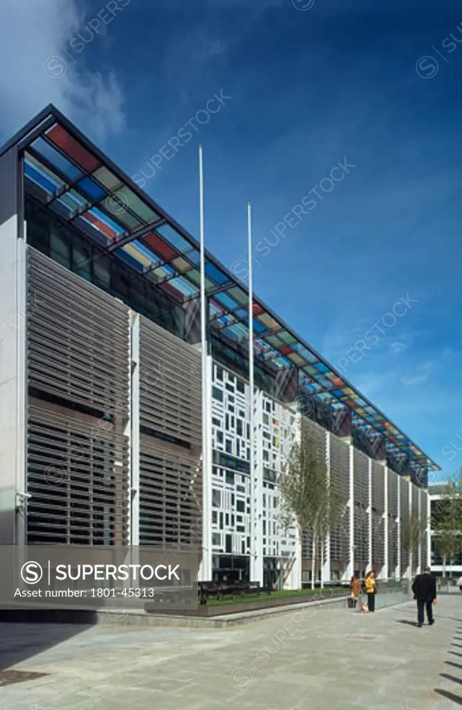 Home Office, London, United Kingdom, Terry Farrell and Partners, Home office southeast facing elevation showing entrance and liam gillick screen and coloured glass canopy in detail.