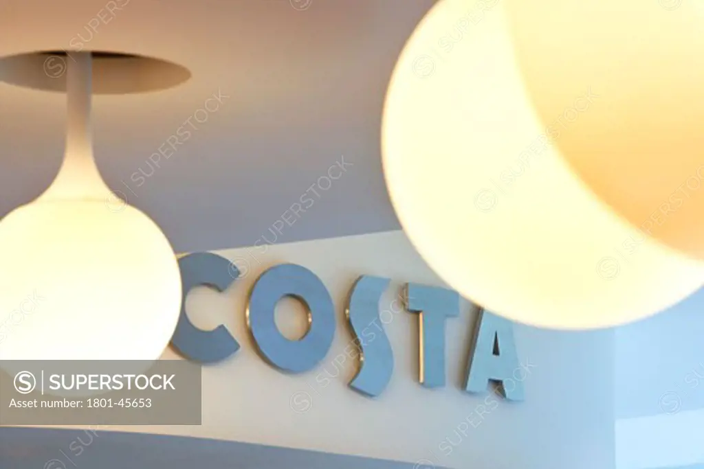 Johnson & Johnson Medical Ltd, Wokingham, United Kingdom, Tp Bennett, Johnson & johnson medical ltd wokingham detail interior shot of the sculptural hanging lights in the communal area showing the costa branding.