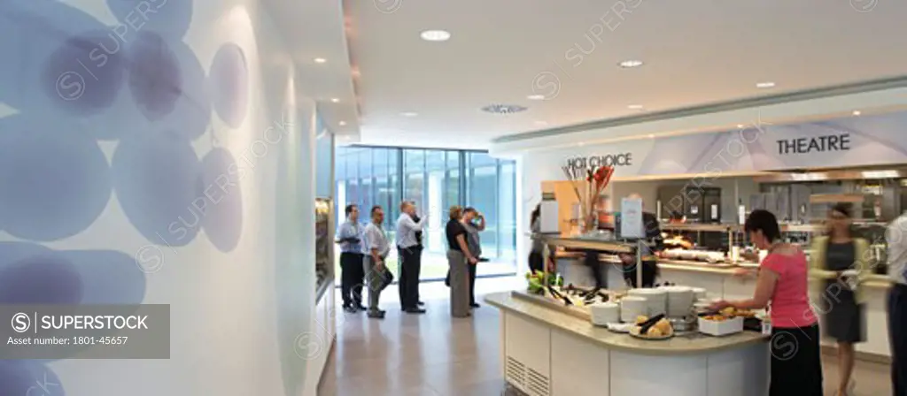 Johnson & Johnson Medical Ltd, Wokingham, United Kingdom, Tp Bennett, Johnson & johnson medical ltd wokingham panoramic interior shot of people queuing for food in the restaurant.