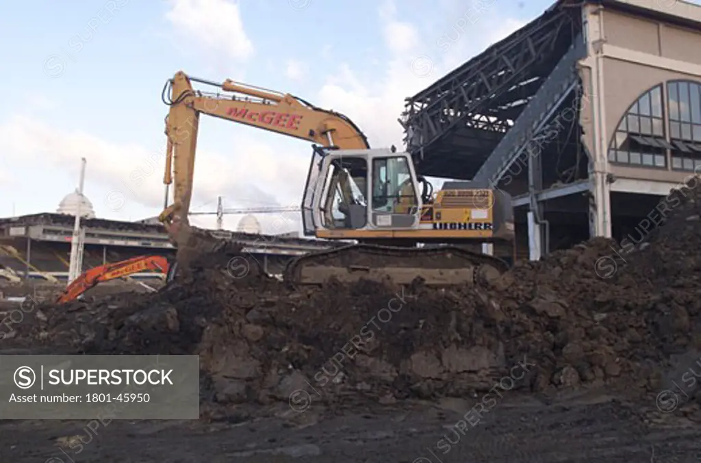 Wembley Stadium Demolition, Wembley, United Kingdom, Architect Unknown, Wembley stadium demolition digger at work.