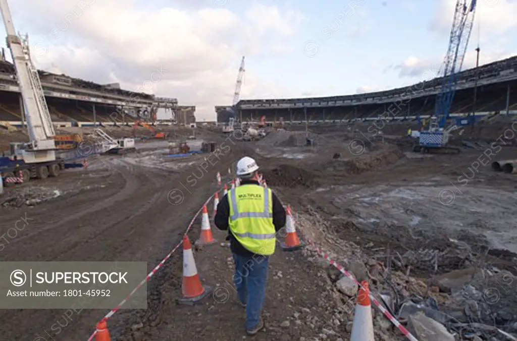 Wembley Stadium Demolition, Wembley, United Kingdom, Architect Unknown, Wembley stadium demolition workmen on site.