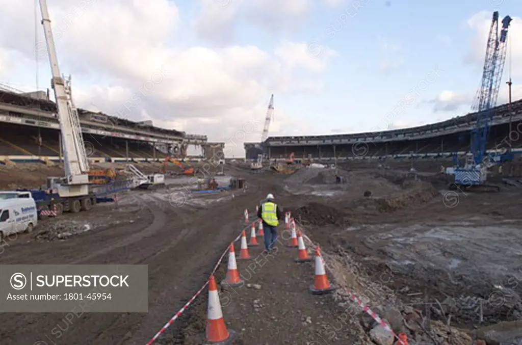 Wembley Stadium Demolition, Wembley, United Kingdom, Architect Unknown, Wembley stadium demolition pitch view to stands.