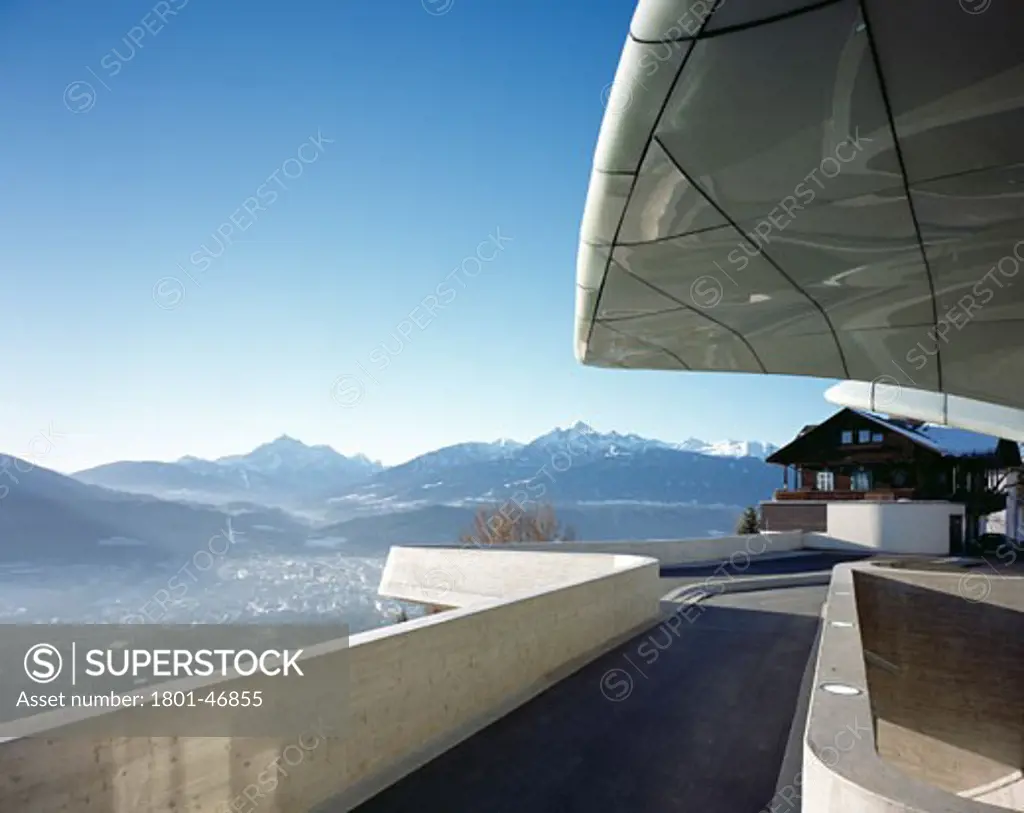 Hungerburgbahn Stations, Innsbruck, Austria, Zaha Hadid, Hungerburgbahn station exterior view with snow capped alps.