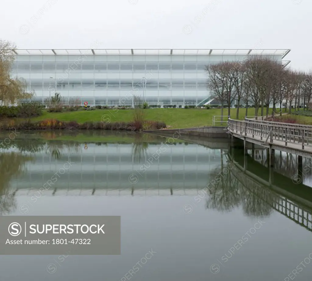 Stockley Park, London, United Kingdom, Architect Unknown, STOCKLEY PARK BUSINESS PARK OFFICES HEATHROW LONDON ARUP ASSOCIATES VIEW FROM LAKE OF FOSTER BUILDING