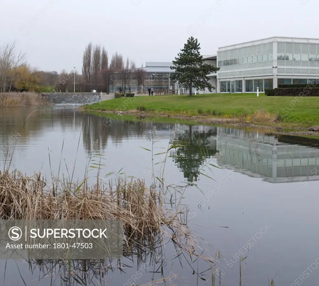 Stockley Park, London, United Kingdom, Architect Unknown, STOCKLEY PARK BUSINESS PARK OFFICES HEATHROW LONDON ARUP ASSOCIATES VIEW FROM LAKE