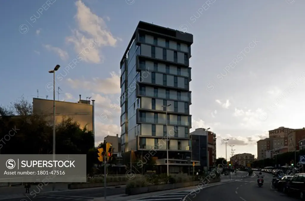 Just Style More Than Apartments, Barcelona, Spain, Archikubik, EXTERIOR EVENING VIEW OF JUST STYLE APARTMENT BUILDING