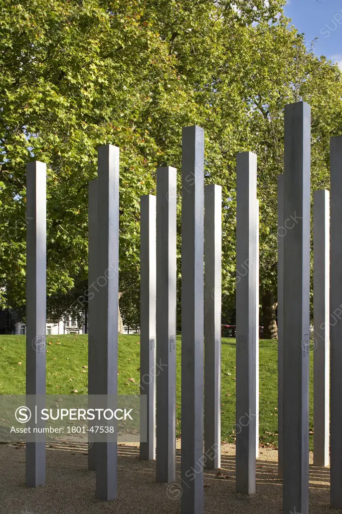 7 July Memorial, London, United Kingdom, Carmody Groarke, 7TH JULY MEMORIAL CARMODY GROARKE HYDE PARK LONDON UK 2009. A CLOSE UP SHOT SHOWING THE 52 STAINLESS STEEL COLUMNS OF THE MEMORIAL IN THE ROYAL PARK SETTING