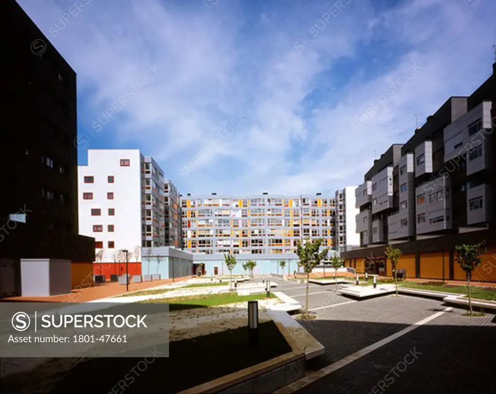 Social Housing (Viviendas Protegidas) in Barakaldo, Barakaldo, Spain, Federico Soriano Asociados, GENERAL EXTERIOR VIEW OF DIFFERENT PROJECTS AND APARTMENT BUILDINGS DESIGNED TO CREATED A COMMON AREA LIKE PLAZA DESIGNED TO BE SHARED BY DIFFERENT COMMUNITIES.