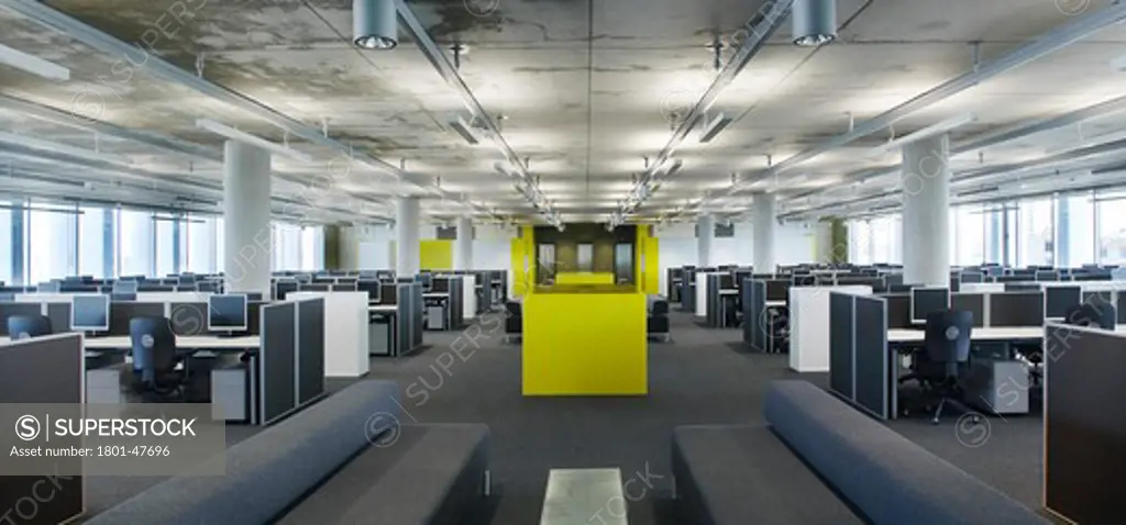 Talk Talk Headquarters, London, United Kingdom, Found Associates, TALK TALK HEADQUARTERS FOUND ASSOCIATES LONDON UK 2009. AN INTERIOR VIEW OF THE SPACIOUS BRIGHT OPEN PLAN OFFICES WITH FEATURE YELLOW PARTITION WALLS