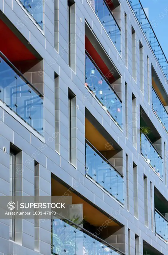 134-144 Southwark Bridge Road, London, United Kingdom, Glas Architects, 134-144 SOUTHWARK BRIDGE ROAD GLAS ARCHITECTS LONDON UK 2009. CLOSE UP EXTERIOR FACADE SHOWING THE GLASS BALCONIES