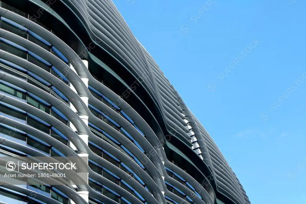 The Walbrook, London, United Kingdom, Foster and Partners, THE WALBROOK FOSTER AND PARTNERS LONDON UK 2009. CLOSE UP EXTERIOR SHOT OF THE BUILDING FACADE MADE USING ENERGY EFFICIENT FIBRE ENFORCED POLYMER MATERIALS AGAINST THE CLEAR BLUE SKY