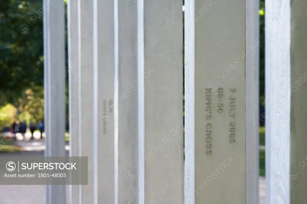 7 July Memorial, London, United Kingdom, Carmody Groarke, 7TH JULY MEMORIAL CARMODY GROARKE HYDE PARK LONDON UK 2009. A CLOSE UP SHOT SHOWING THE WORDS ENGRAVED ON THE STAINLESS STEEL COLUMNS OF THE MEMORIAL IN ITS ROYAL PARK SETTING