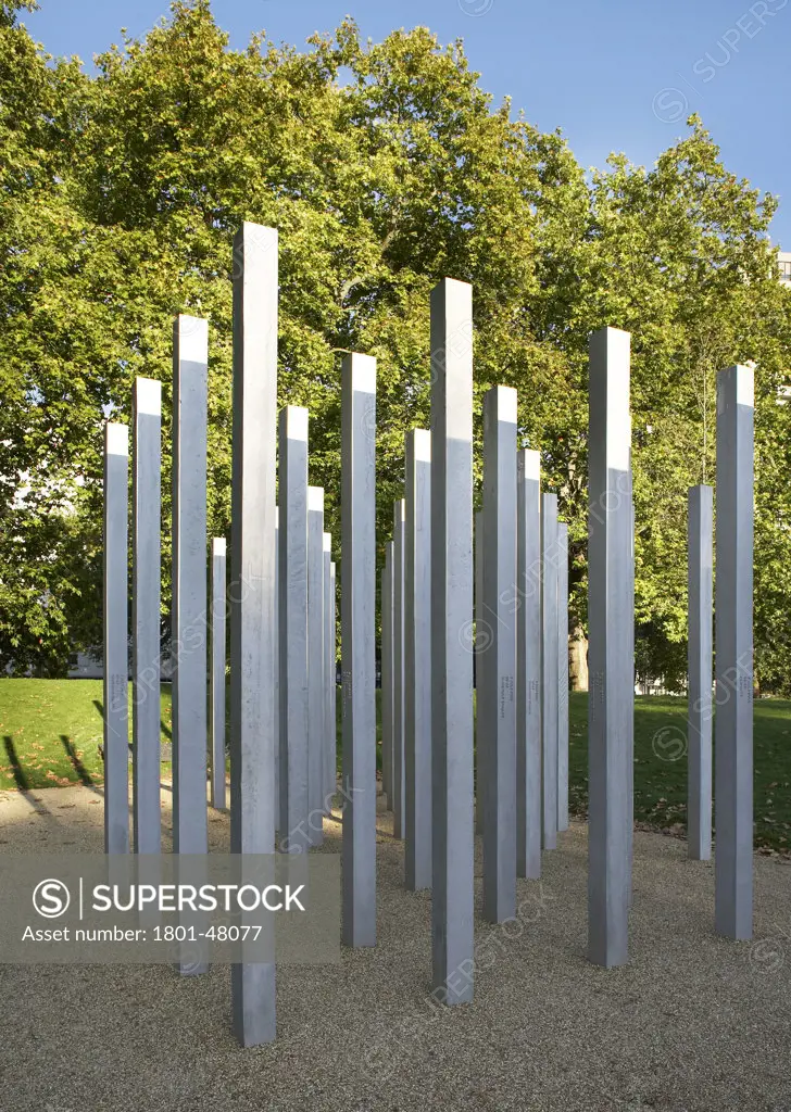 7 July Memorial, London, United Kingdom, Carmody Groarke, 7TH JULY MEMORIAL CARMODY GROARKE HYDE PARK LONDON UK 2009. A GENERAL SHOT SHOWING THE STAINLESS STEEL COLUMNS OF THE MEMORIAL IN THE ROYAL PARK SETTING