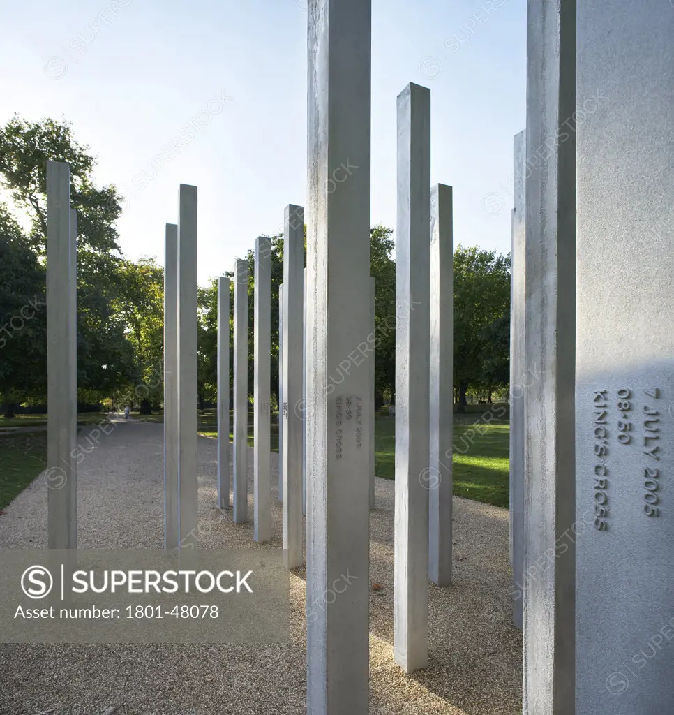 7 July Memorial, London, United Kingdom, Carmody Groarke, 7TH JULY MEMORIAL CARMODY GROARKE HYDE PARK LONDON UK 2009. A CLOSE UP SHOT SHOWING THE 52 STAINLESS STEEL COLUMNS OF THE MEMORIAL IN ITS ROYAL PARK SETTING