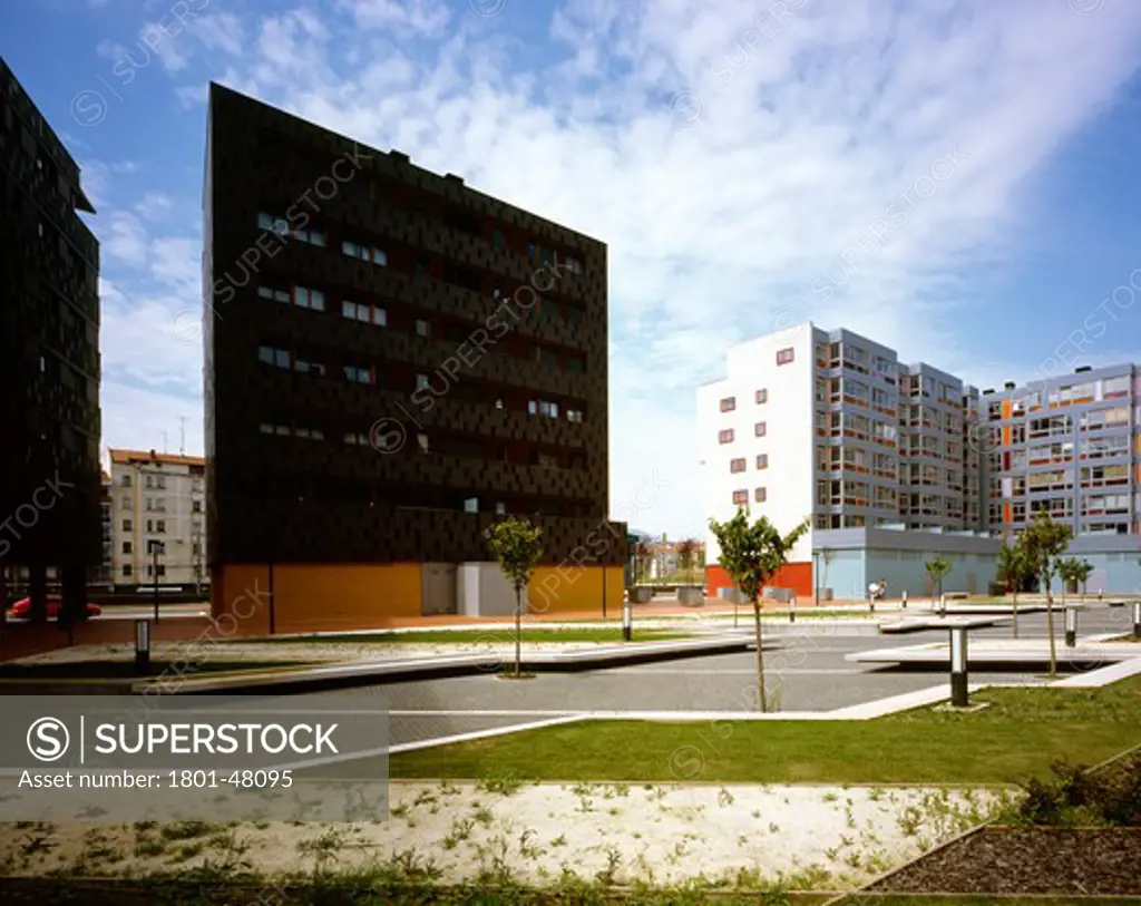 Social Housing (Viviendas Protegidas) in Barakaldo, Barakaldo, Spain, Federico Soriano Asociados, GENERAL EXTERIOR VIEW OF DIFFERENT PROJECTS AND APARTMENT BUILDINGS DESIGNED TO CREATED A COMMON AREA LIKE PLAZA DESIGNED TO BE SHARED BY DIFFERENT COMMUNITIES.