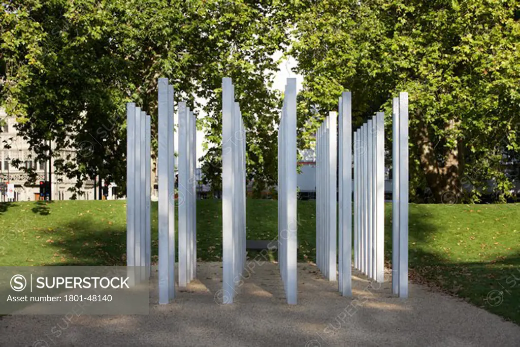 7 July Memorial, London, United Kingdom, Carmody Groarke, 7TH JULY MEMORIAL CARMODY GROARKE HYDE PARK LONDON UK 2009. A GENERAL SHOT SHOWING THE 52 STAINLESS STEEL COLUMNS OF THE MEMORIAL IN THE ROYAL PARK SETTING