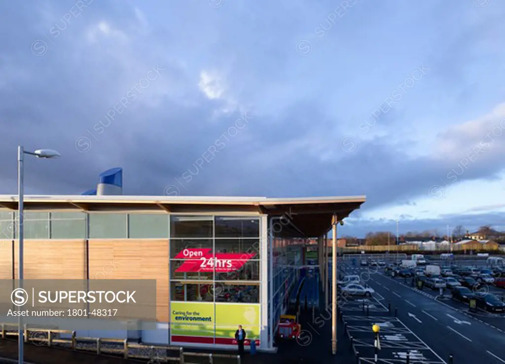 Tesco Cheetham Hill, Manchester, United Kingdom, Michael Aukett Architects, TESCO CHEETHAM HILL MANCHESTER MICHAEL AUKETT ARCHITECTS 2009 ENERGY EFFICIENCY WEST ELEVATION WITH PARKING LOT