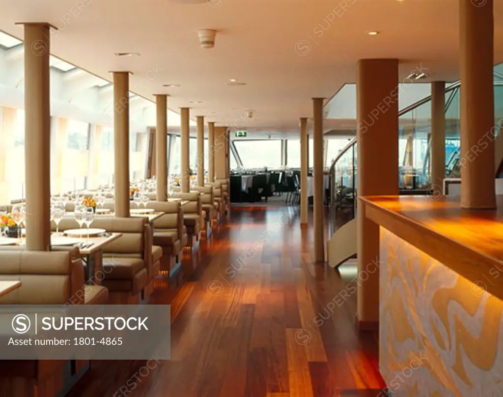 SILVER STURGEON RIVER BOAT, WAPPING WHARF, LONDON, UNITED KINGDOM, BAR TO OPEN DINING, BERE ARCHITECTS