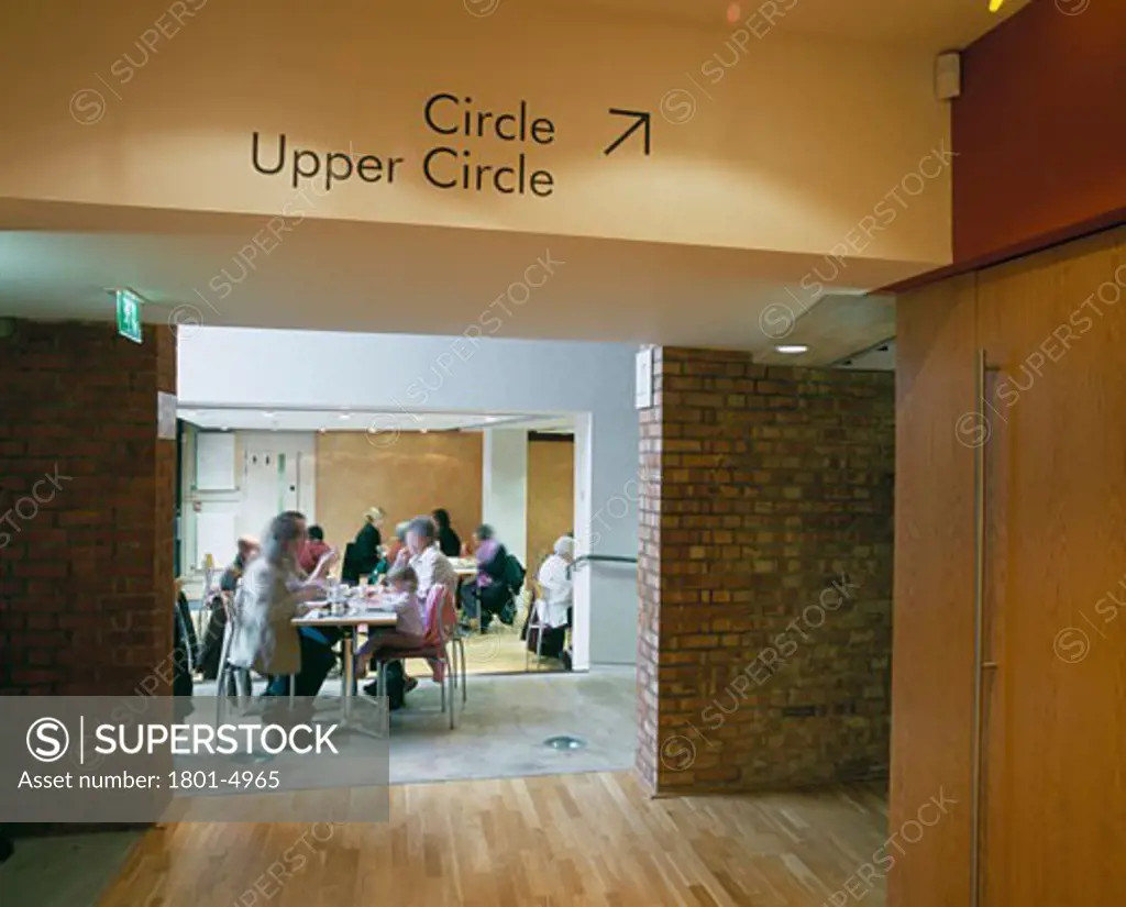 WATFORD PALACE THEATRE, CLARENDON ROAD, WATFORD, HERTFORDSHIRE, UNITED KINGDOM, CAFE AREA - SHOWING EXPOSED WALKWAY TO FIRST FLOOR, BURRELL FOLEY FISCHER