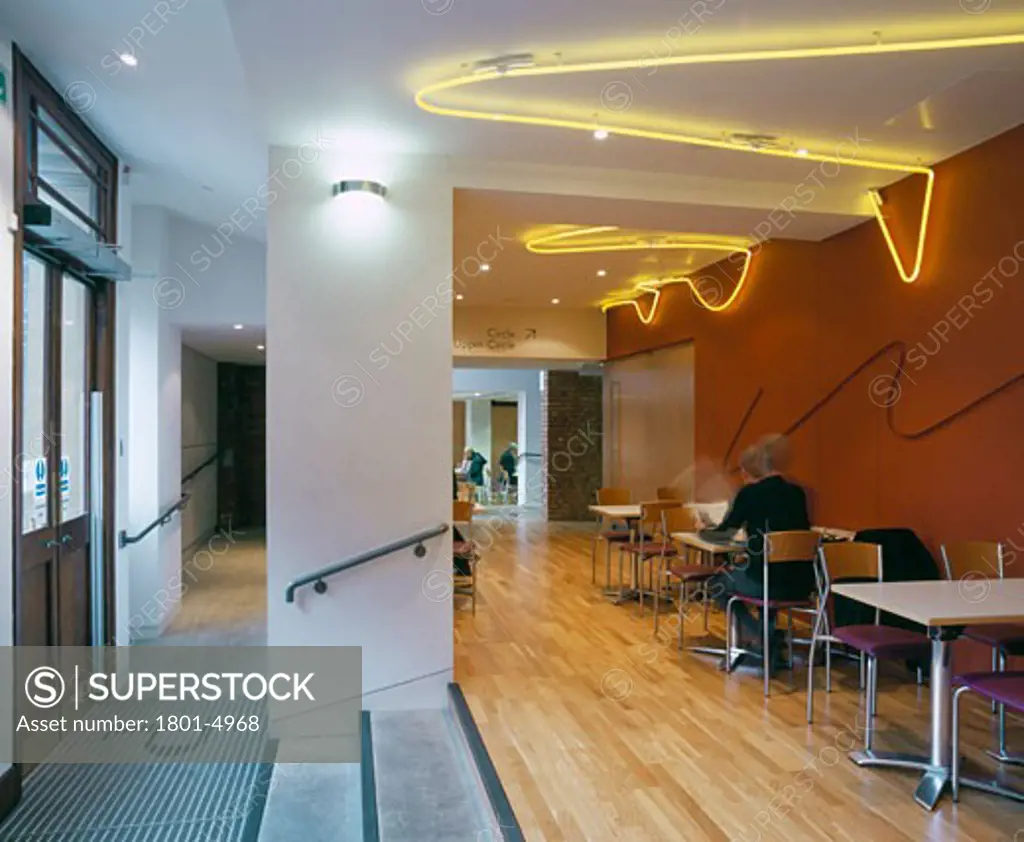 WATFORD PALACE THEATRE, CLARENDON ROAD, WATFORD, HERTFORDSHIRE, UNITED KINGDOM, LONG’ SEATING AREA (GROUND FLOOR) WITH NEON LIGHTING ARTWORK ON CEILING, BURRELL FOLEY FISCHER
