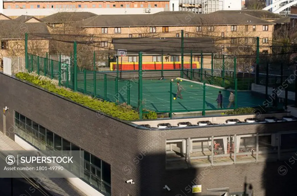 Bridge Academy, Hackney, United Kingdom, Bdp, Bridge Academy BDP. Multi use games area situated on roof of sports hall.