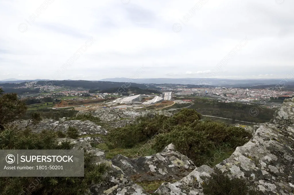 Cidade Da Cultura, Santiago De Compostela, Spain, Peter Eisenman Architects, CITY OF CULTURE GALICIA SPAIN PETER EISENMAN ARCHITECTS GENERAL MORNING VIEW FROM MOUNT DO GOZO WITH CITY OF SANTIAGO IN THE BACKGROUND