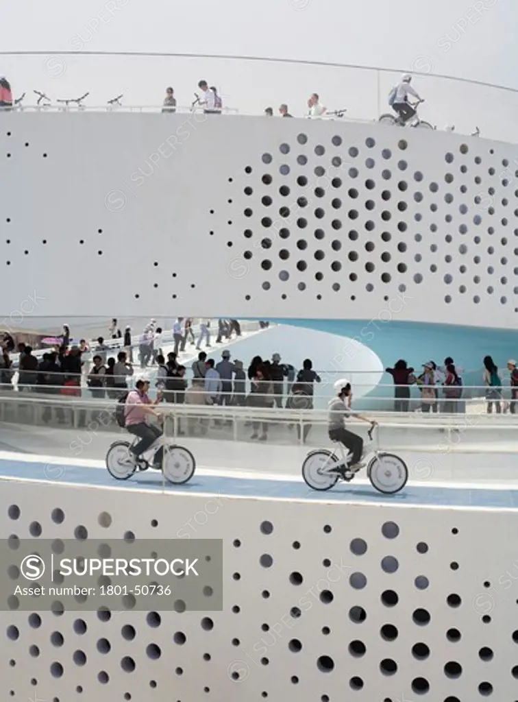 Shanghai Expo 2010 Danish Pavilion, Shanghai, China, Big / Bjarke Ingels Group, SHANGHAI EXPO 2010 DANISH PAVILION BIG / BJARKE INGELS GROUP SHANGHAI 2010 DETAILED VIEW OF PERFORATED SPIRAL-FORM RAMP WITH CYCLISTS