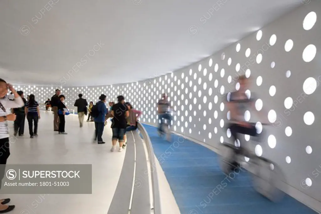 Shanghai Expo 2010 Danish Pavilion, Shanghai, China, Big / Bjarke Ingels Group, SHANGHAI EXPO 2010 DANISH PAVILION BIG / BJARKE INGELS GROUP SHANGHAI 2010 INTERIOR VIEW OF SPIRAL-SHAPED GALLERY VISITORS AND BICYCLISTS