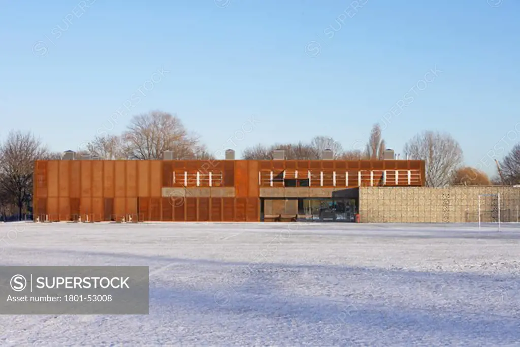 The Hackney Marshes Centre   Stanton Williams Architects   2011   Hackney  London  Uk  Evening View Of West Elevation Across Snowscape