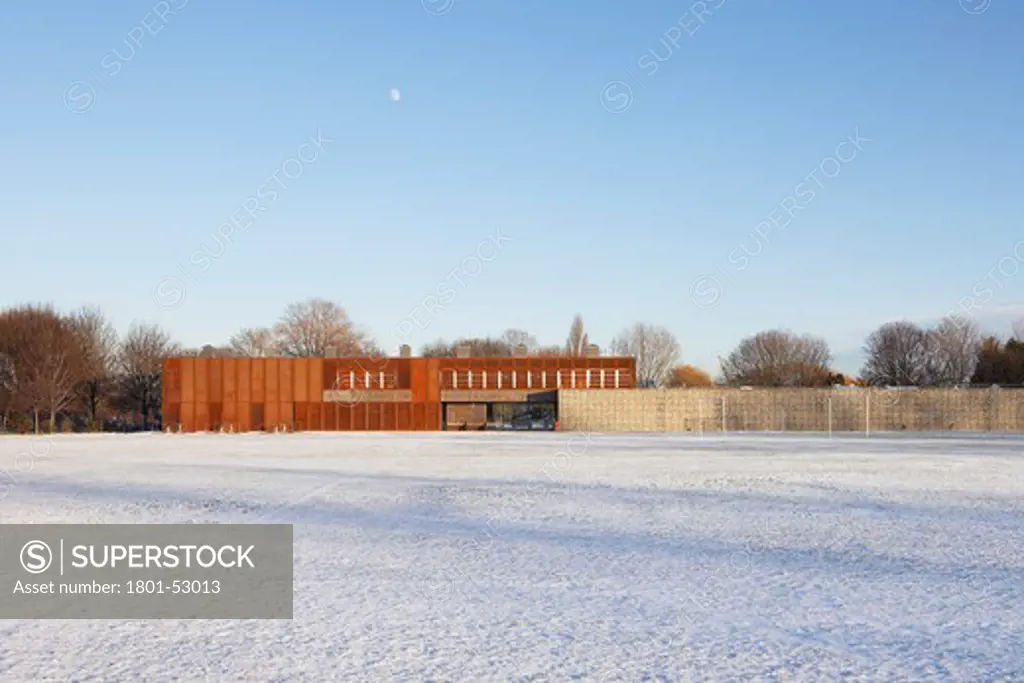 The Hackney Marshes Centre   Stanton Williams Architects   2011   Hackney  London  Uk  Evening View Of West Elevation Across Snowscape