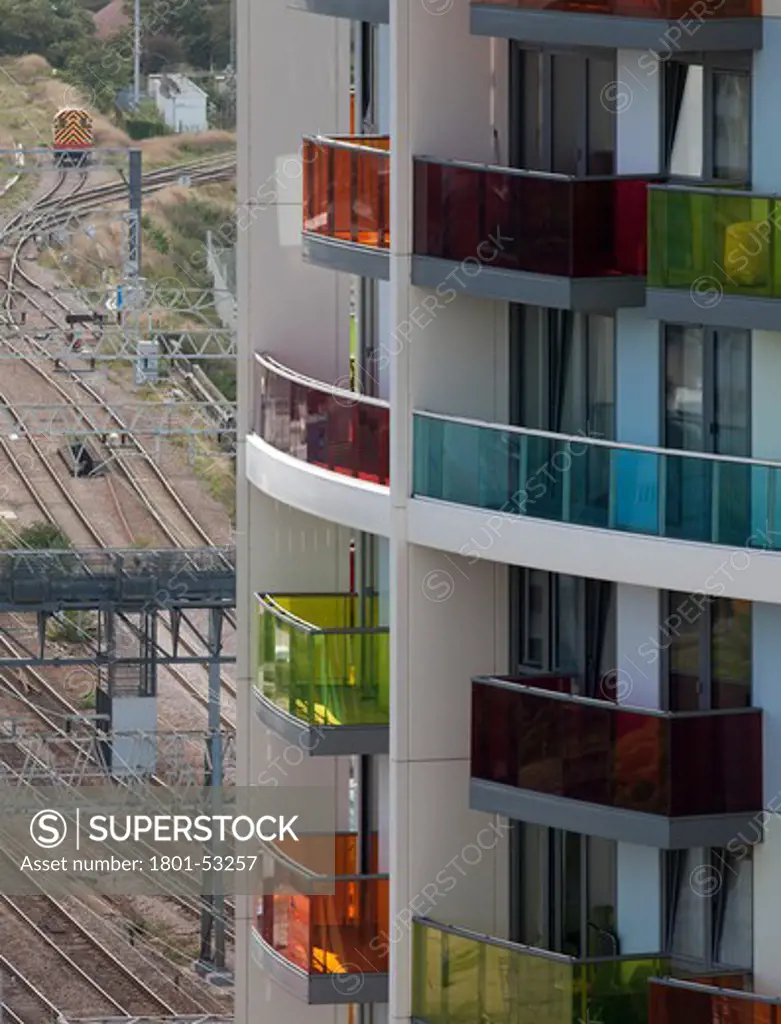 New Flats With Coloured Balconies And Rail Tracks London Olympic Site 2010